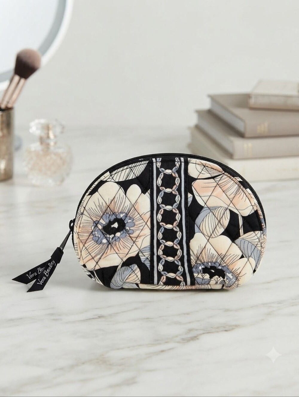 Vera Bradley Black & White Camellia Floral Quilted Cosmetic Pouch